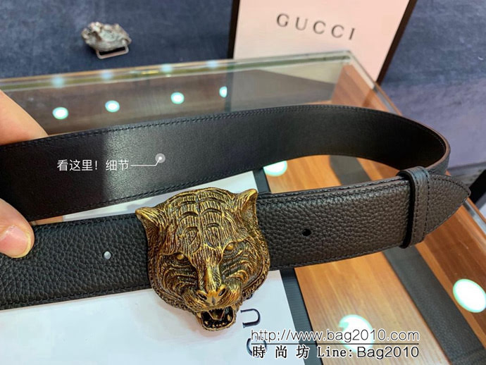 GUCCI古馳 官網爆款 正品規格 原單品質 進口荔枝紋 古金老虎扣頭 男士皮帶  xfp1321